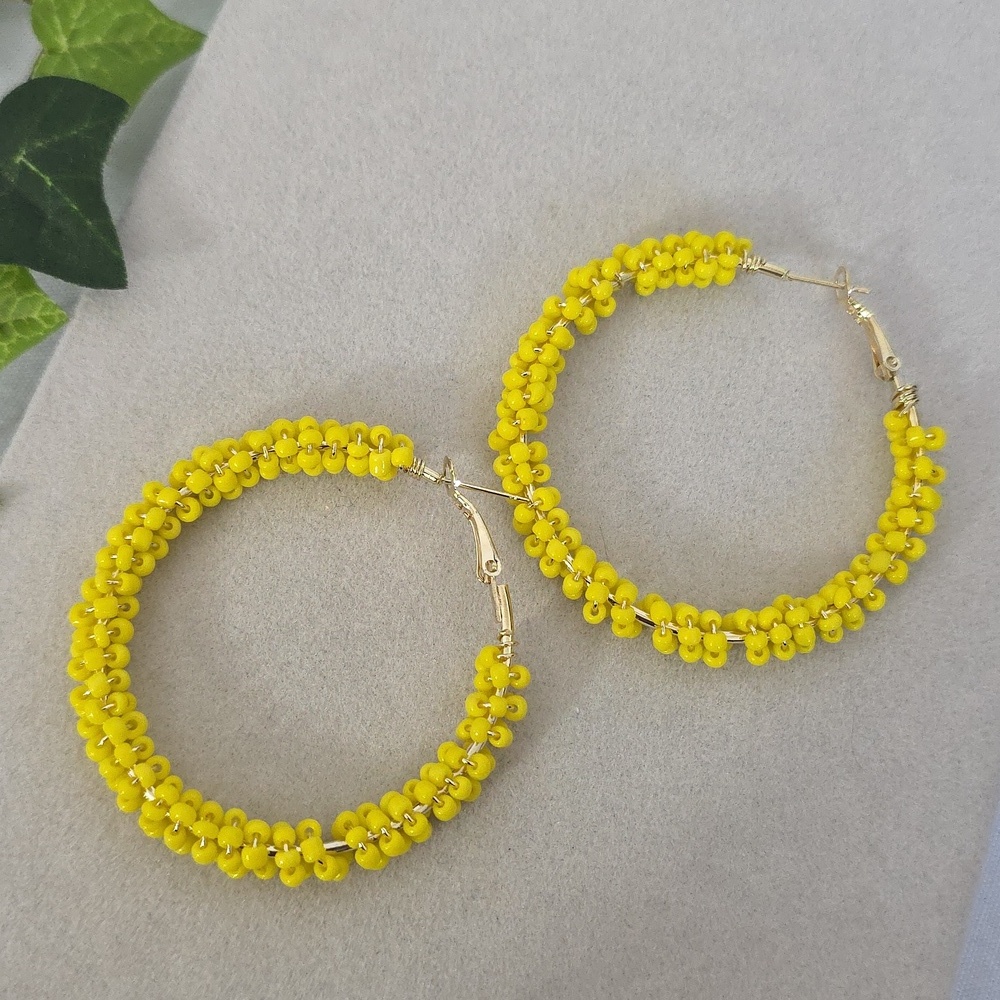 Gold Filled Hoop Earrings Wrapped In Yellow Glass Seed Beads